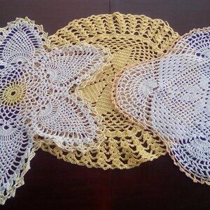 Yellow and White Set of 3 Doilies from Mid Century - Hand Crocheted